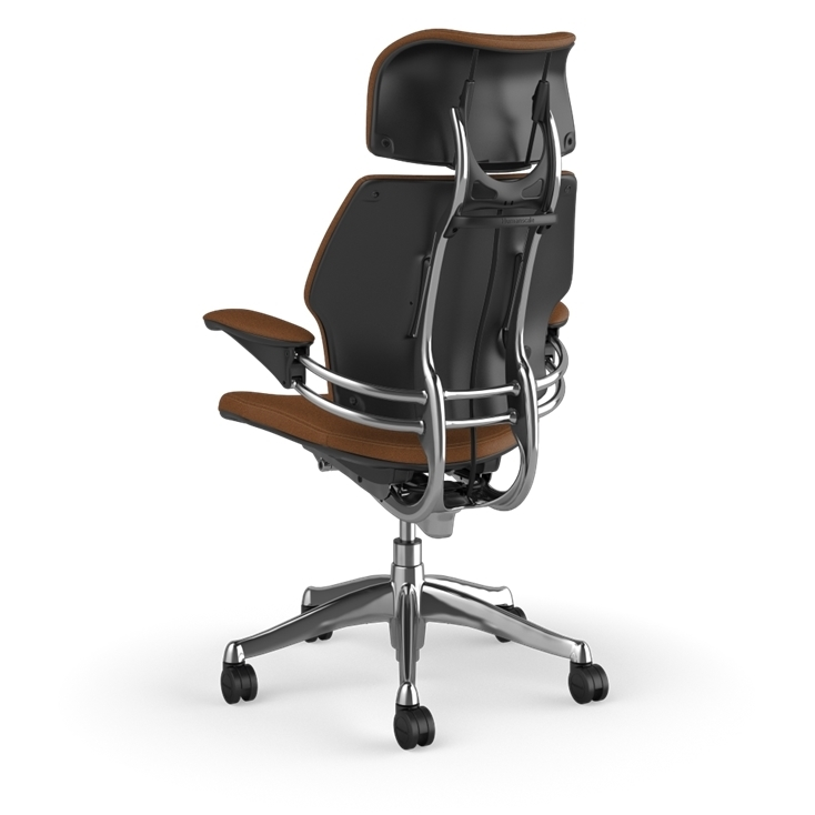 Freedom Ergonomic Executive Chair with Headrest, Polished Aluminum, Saddle Leather (Corvara), side view. Kansas City Office Design.