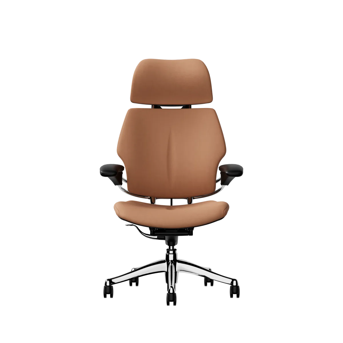 Humanscale Freedom executive chair with headrest, polished frame with Elmosoft Leather 33077, front view. Kansas City Office Design.
