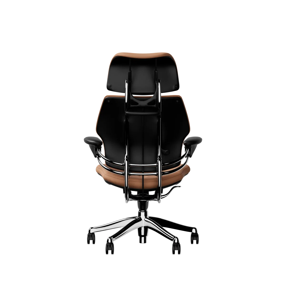 Humanscale Freedom executive chair with headrest, polished frame with Elmosoft Leather 33077, back view. Kansas City Office Design.