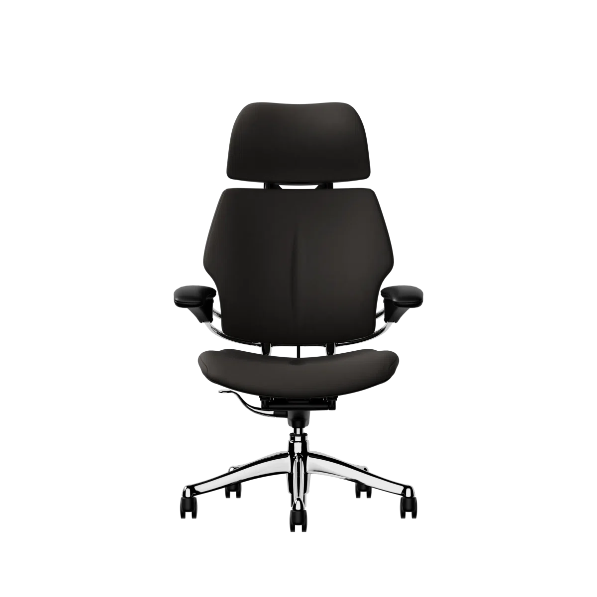 Humanscale Freedom executive chair with headrest, polished frame with Elmosoft Leather Black 99999, front view. Kansas City Office Design.