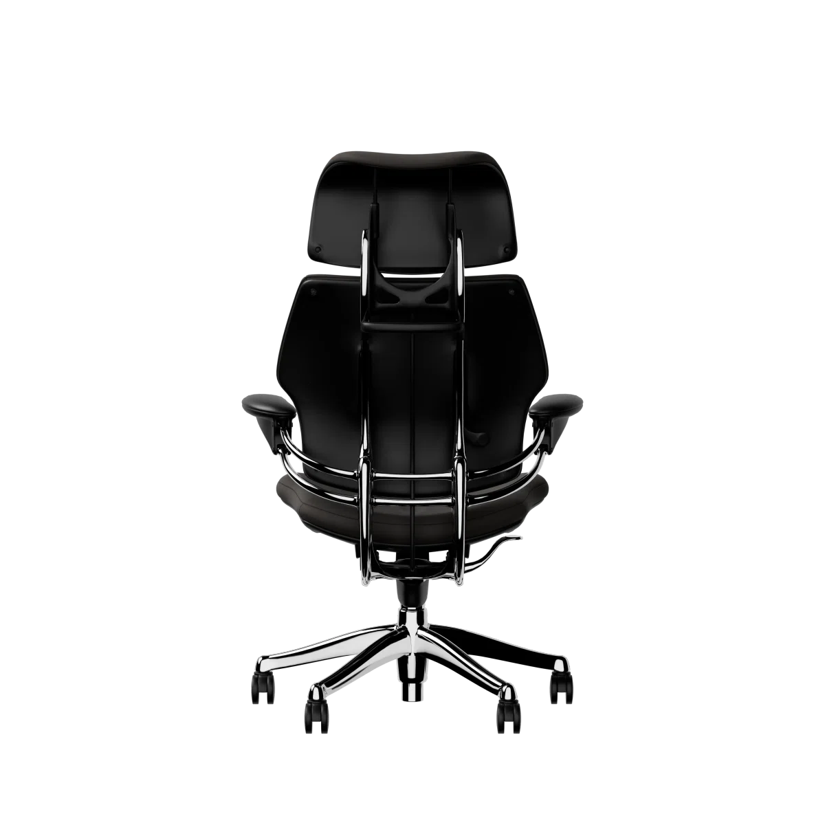 Humanscale Freedom executive chair with headrest, polished frame with Elmosoft Leather Black 99999, back view. Kansas City Office Design.