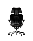 Humanscale Freedom executive chair with headrest, polished frame with Elmosoft Leather Black 99999, back view. Kansas City Office Design.
