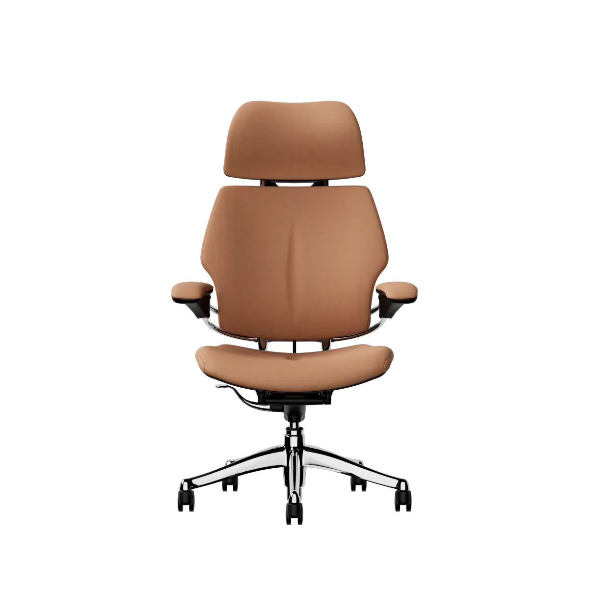 Freedom Ergonomic Executive Chair with Headrest, Polished Aluminum, 33077 (Elmosoft Leather), front view. Kansas City Office Design.