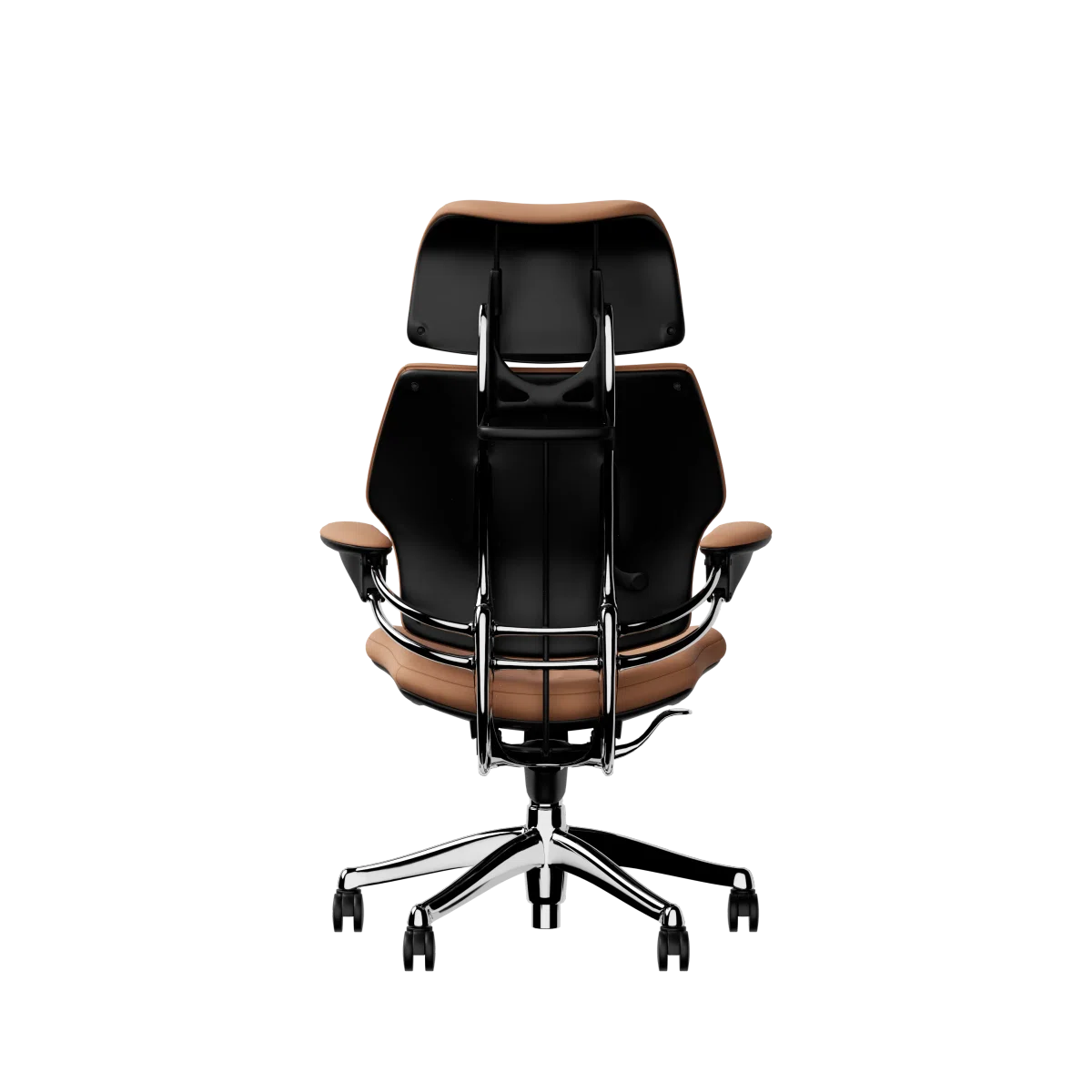 Freedom Ergonomic Executive Chair with Headrest, Polished Aluminum, 33077 (Elmosoft Leather), back view. Kansas City Office Design.