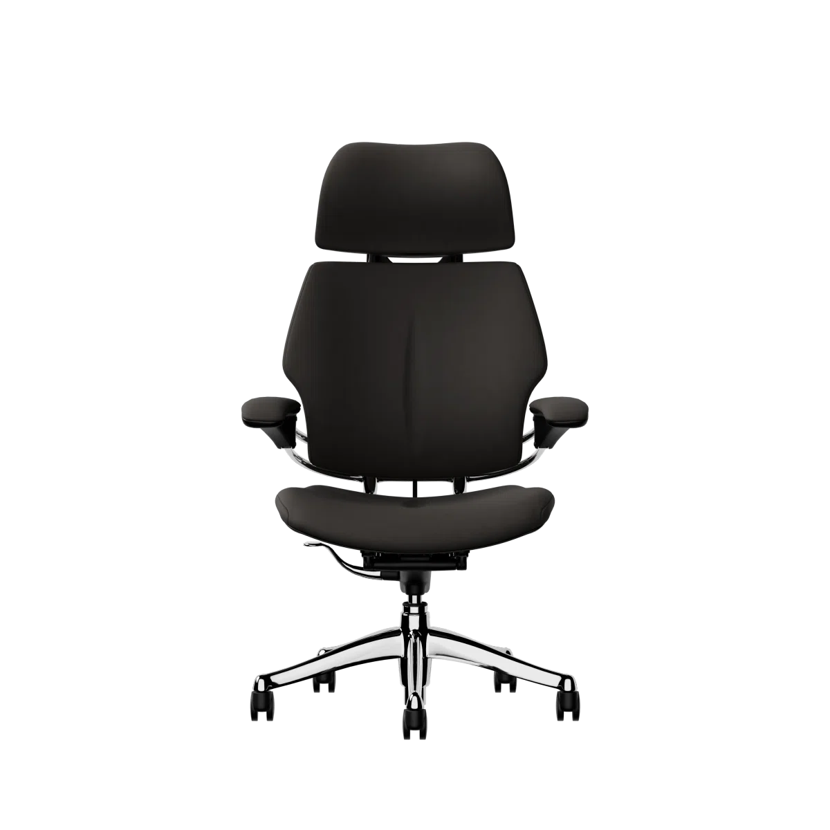 Freedom Ergonomic Executive Chair with Headrest, Polished Aluminum, 99999 (Elmosoft Leather), front view. Kansas City Office Design.