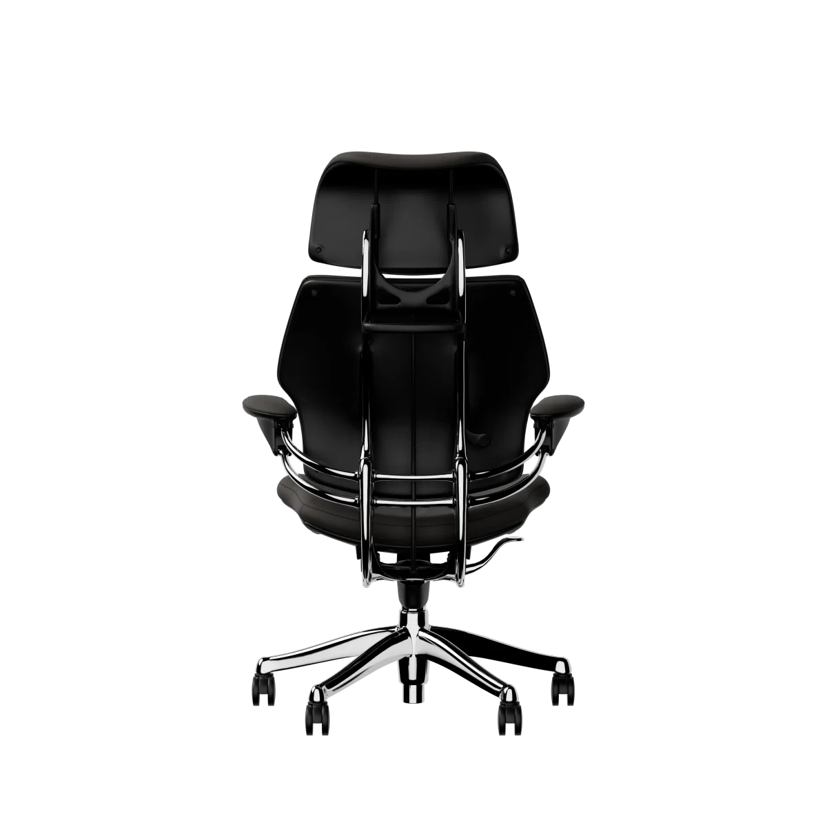 Freedom Ergonomic Executive Chair with Headrest, Polished Aluminum, 99999 (Elmosoft Leather), back view. Kansas City Office Design.