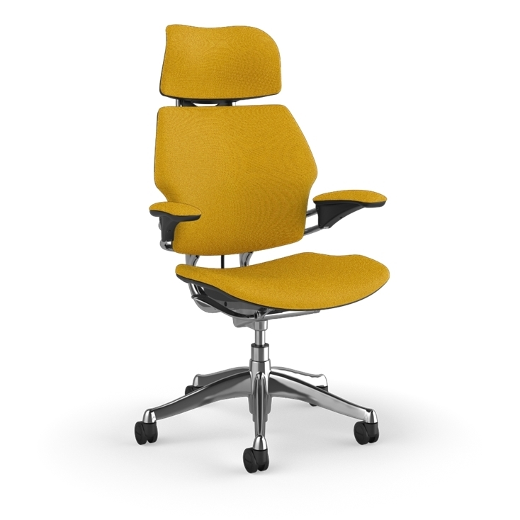 Freedom Ergonomic Executive Chair with Headrest, Polished Aluminum, 0446 (Woven Steelcut Trio), front view. Kansas City Office Design.