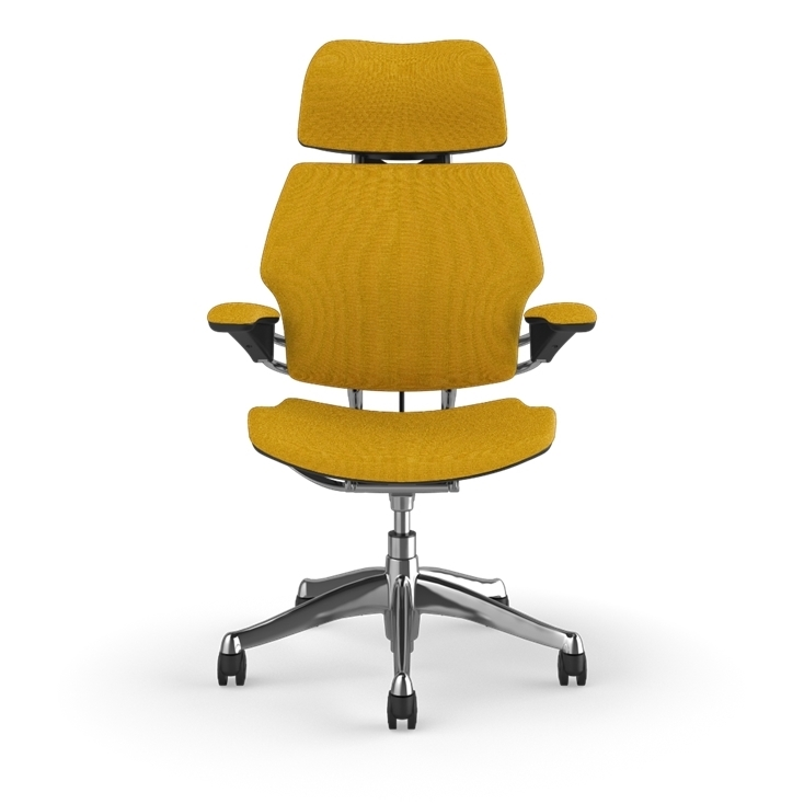 Freedom Ergonomic Executive Chair with Headrest, Polished Aluminum, 0446 (Woven Steelcut Trio), back view. Kansas City Office Design.