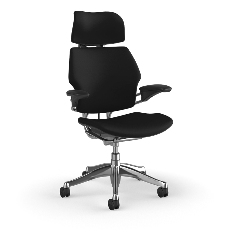 Side view of the HumanScale Freedom with Headrest in a black polyurethane fabric with polished aluminum frame. Kansas City Office Furniture.