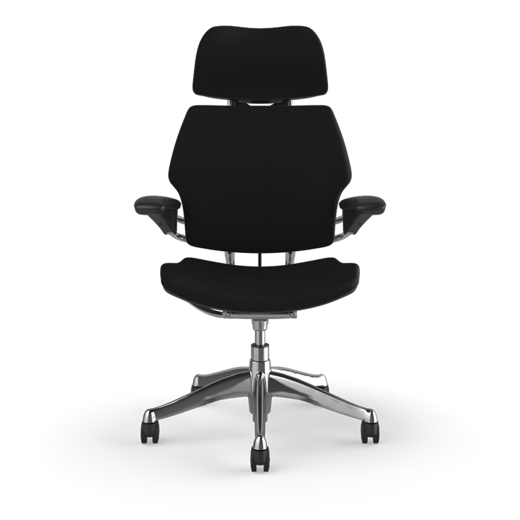 Front view of the HumanScale Freedom with Headrest in a white polyurethane fabric with black frame. Kansas City Office Furniture.