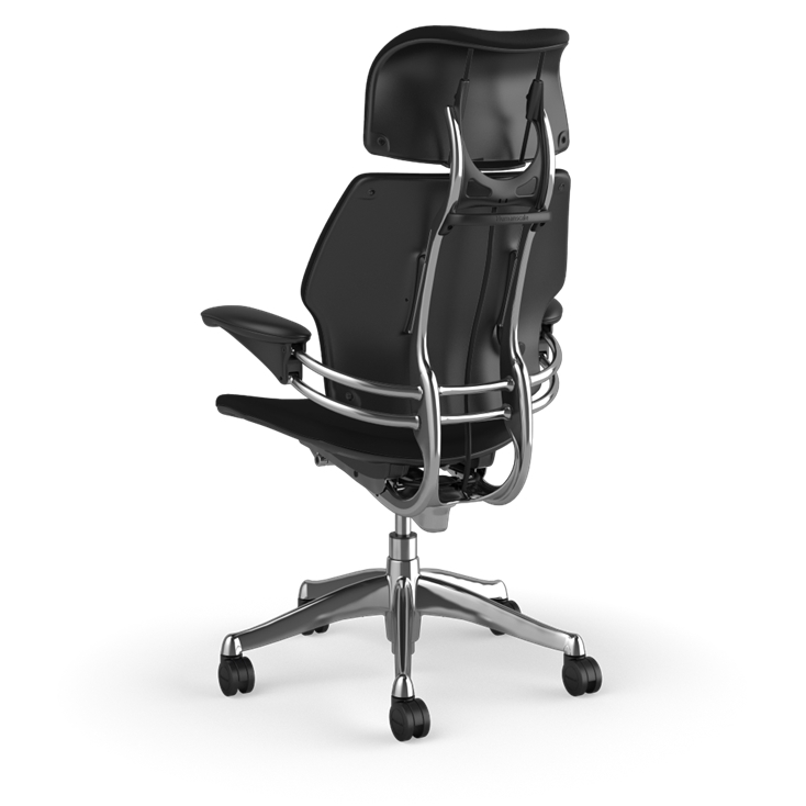 Back view of the HumanScale Freedom with Headrest in a white polyurethane fabric with black frame. Kansas City Office Furniture.