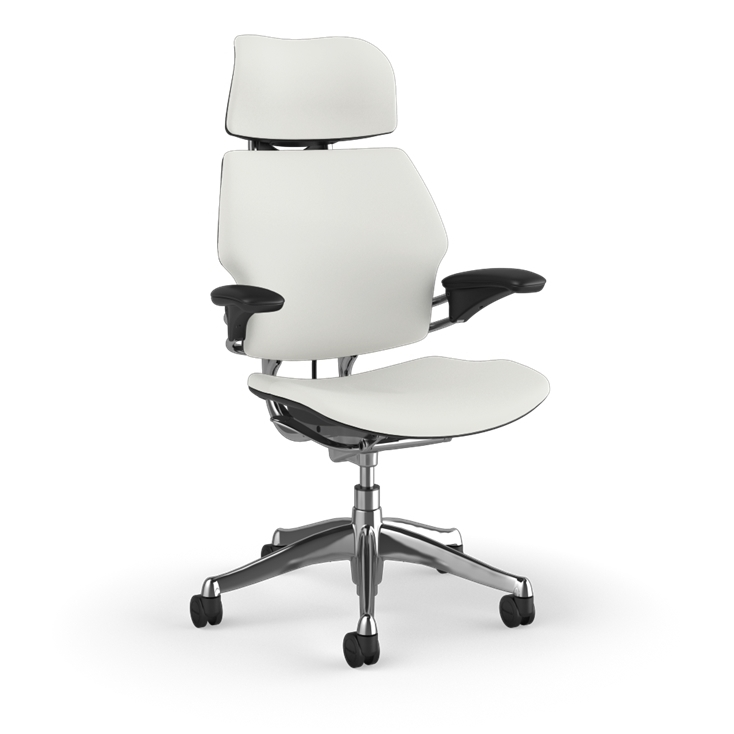 Side view of the HumanScale Freedom with Headrest in a white polyurethane fabric with polished aluminum frame. Kansas City Office Furniture.