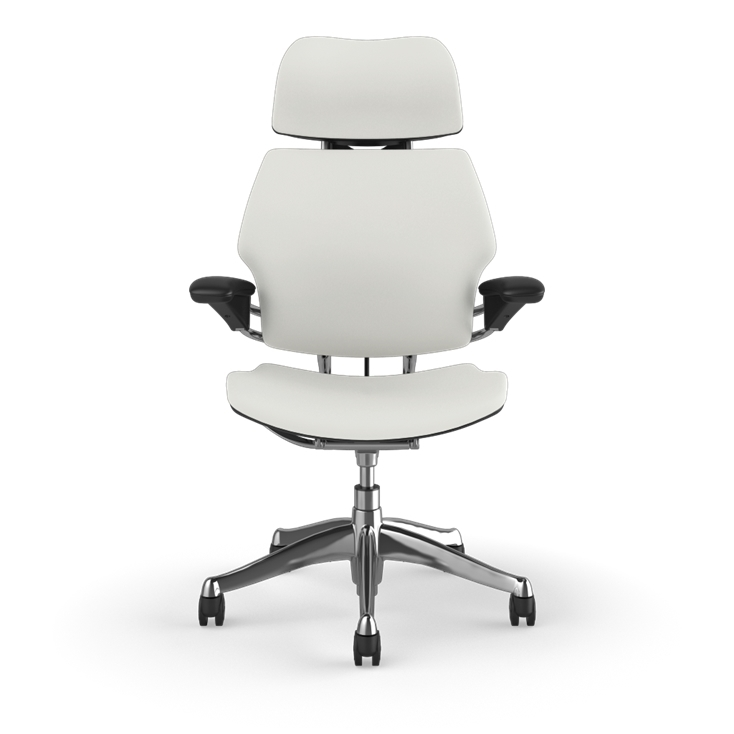 Front view of the HumanScale Freedom with Headrest in a white polyurethane fabric with polished aluminum frame. Kansas City Office Furniture.
