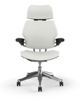 Front view of the HumanScale Freedom with Headrest in a white polyurethane fabric with polished aluminum frame. Kansas City Office Furniture.