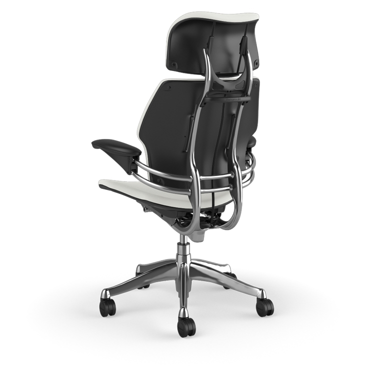 Back view of the HumanScale Freedom with Headrest in a white polyurethane fabric with polished aluminum frame. Kansas City Office Furniture.