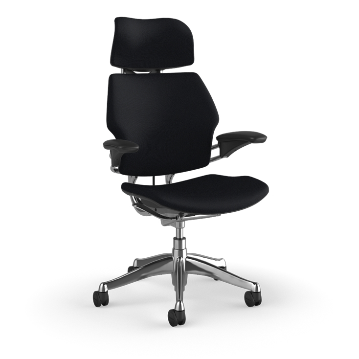 Side view of the HumanScale Freedom with Headrest in a black fabric with polish aluminum frame. Kansas City Office Furniture.
