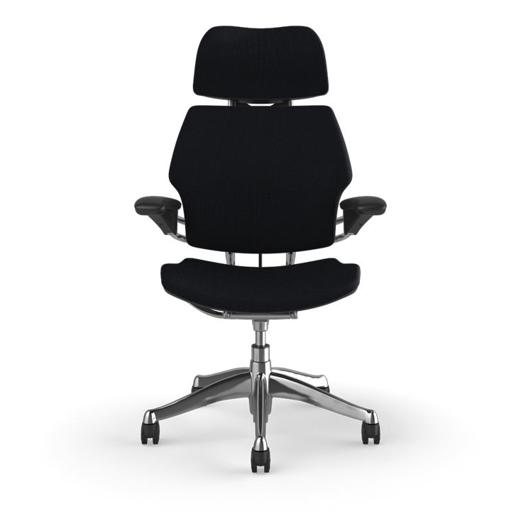 Front view of the HumanScale Freedom with Headrest in a black fabric with polish aluminum frame. Kansas City Office Furniture.