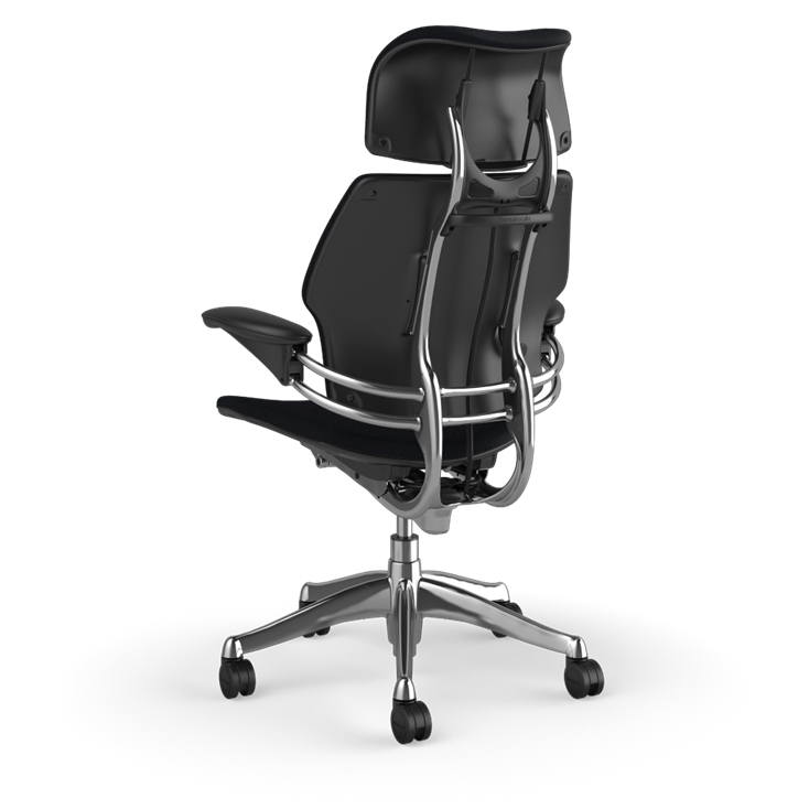 Back view of the HumanScale Freedom with Headrest in a black fabric with polish aluminum frame. Kansas City Office Furniture.
