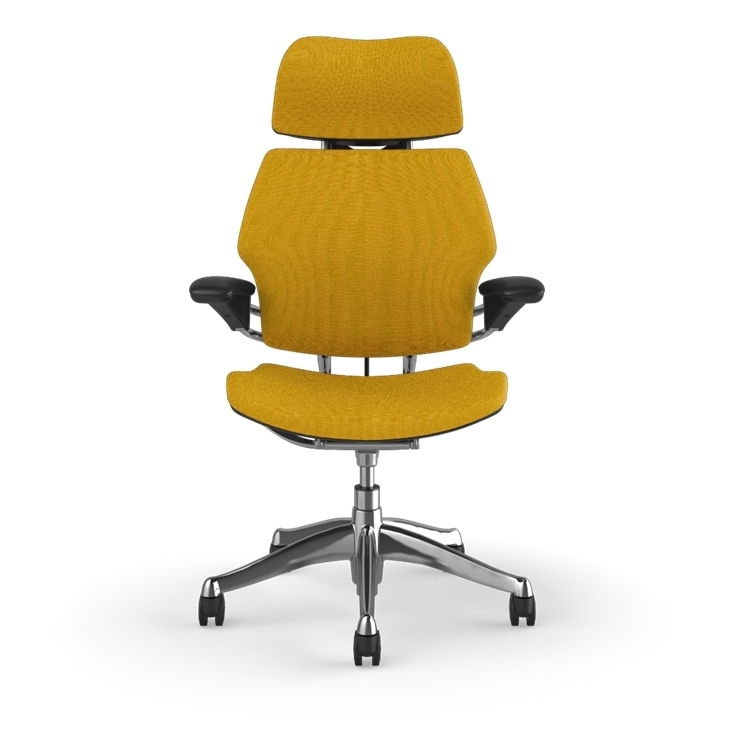 Humanscale Freedom executive chair with headrest, Polished frame with Steelcut Trio 0664 , front view. Kansas City Office Design.