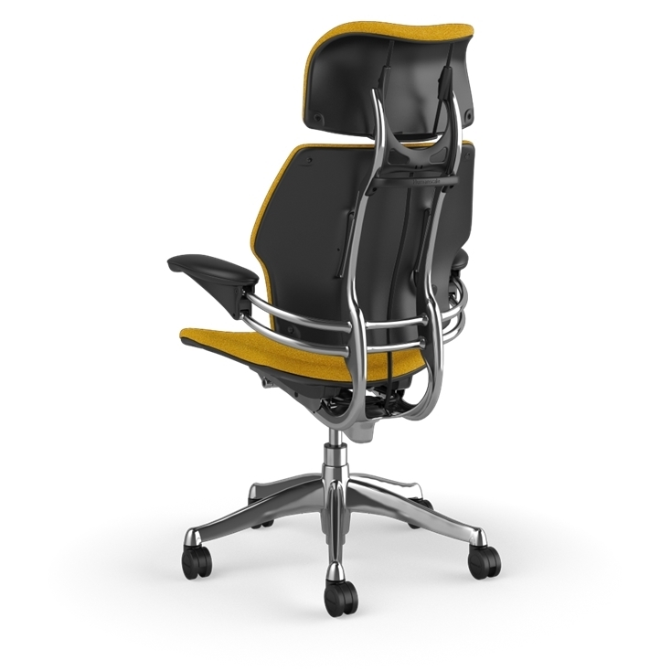 Humanscale Freedom executive chair with headrest, Polished frame with Steelcut Trio 0664 , back view. Kansas City Office Design.
