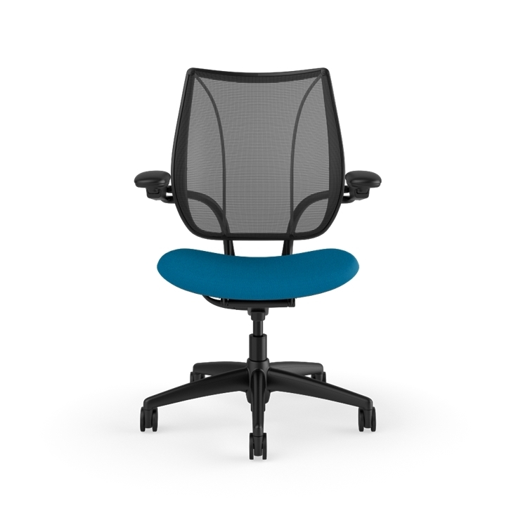 Front view of Humanscale Liberty desk chair showing breathable mesh back and Adjustable Duron armrests. Peacock Fabric, Black Frame, Black Mesh. Kansas City Office Furniture