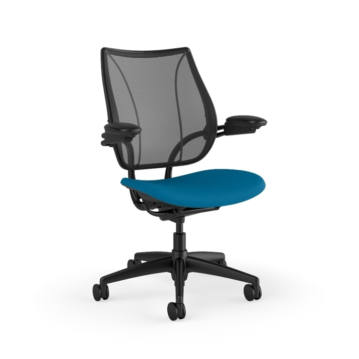 Side view of Humanscale Liberty desk chair showing breathable mesh back and Adjustable Duron armrests. Peacock Fabric, Black Frame, Black Mesh. Kansas City Office Furniture