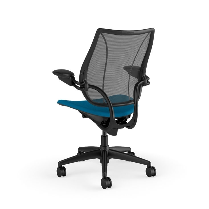 Back view of Humanscale Liberty desk chair showing breathable mesh back and Adjustable Duron armrests. Peacock Fabric, Black Frame, Black Mesh. Kansas City Office Furniture