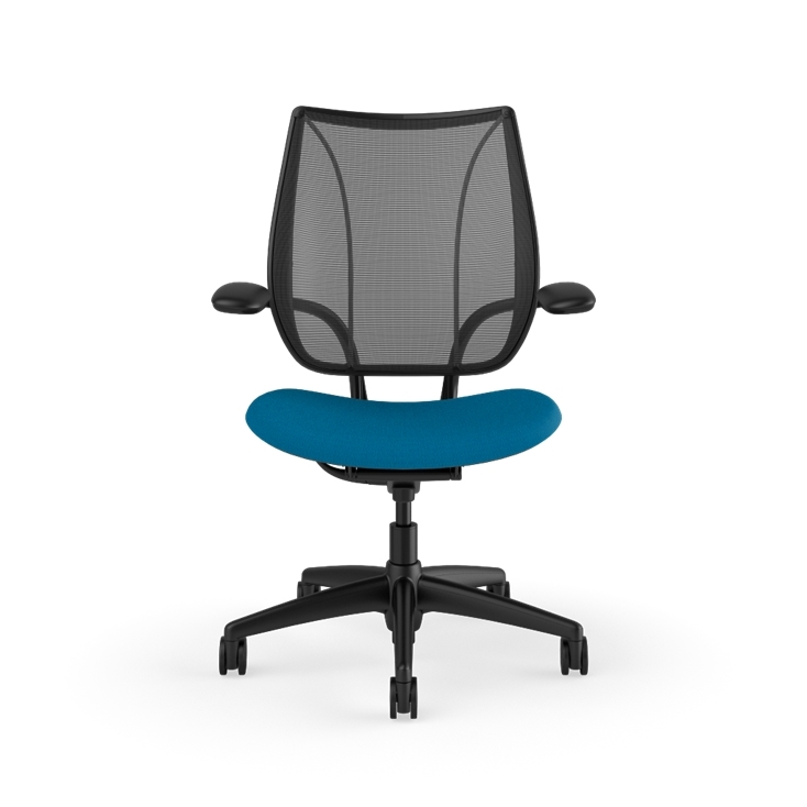 Front view of Humanscale Liberty desk chair showing breathable mesh back and Duron armrests. Peacock Fabric, Black Frame, Black Mesh. Kansas City Office Furniture