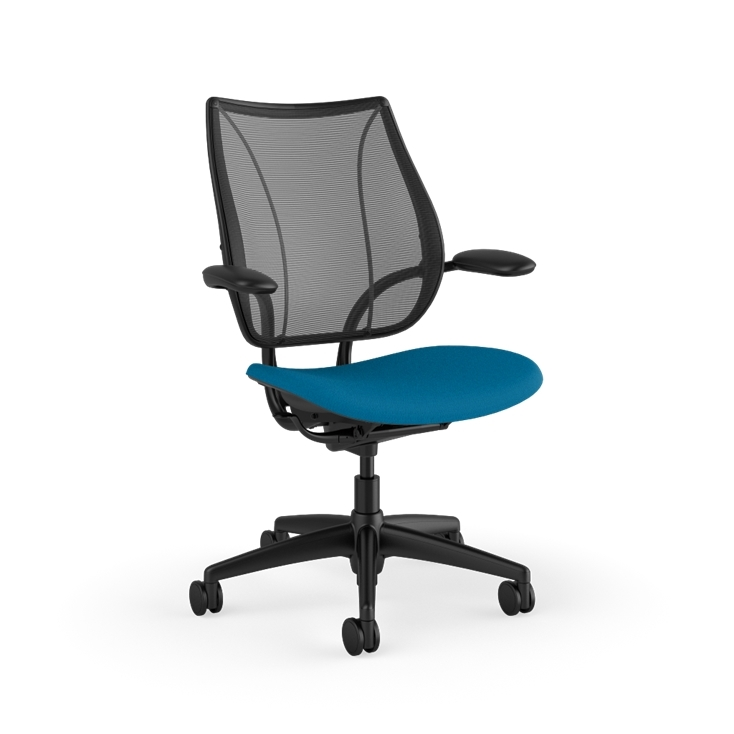 Side view of Humanscale Liberty desk chair showing breathable mesh back and Duron armrests. Peacock Fabric, Black Frame, Black Mesh. Kansas City Office Furniture