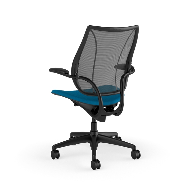 Back view of Humanscale Liberty desk chair showing breathable mesh back and Duron armrests. Peacock Fabric, Black Frame, Black Mesh. Kansas City Office Furniture