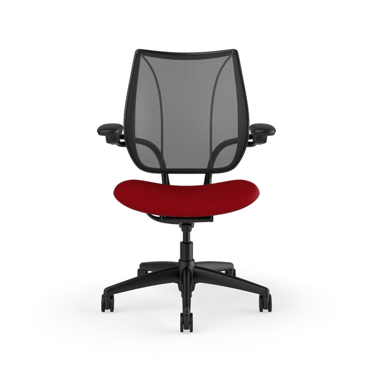 Front view of Humanscale Liberty desk chair showing breathable mesh back and Adjustable Duron armrests. Parma Red Fabric, Black Frame, Black Mesh. Kansas City Office Furniture