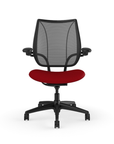Front view of Humanscale Liberty desk chair showing breathable mesh back and Adjustable Duron armrests. Parma Red Fabric, Black Frame, Black Mesh. Kansas City Office Furniture