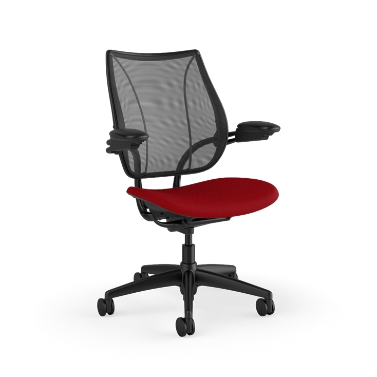 Side view of Humanscale Liberty desk chair showing breathable mesh back and Adjustable Duron armrests. Parma Red Fabric, Black Frame, Black Mesh. Kansas City Office Furniture