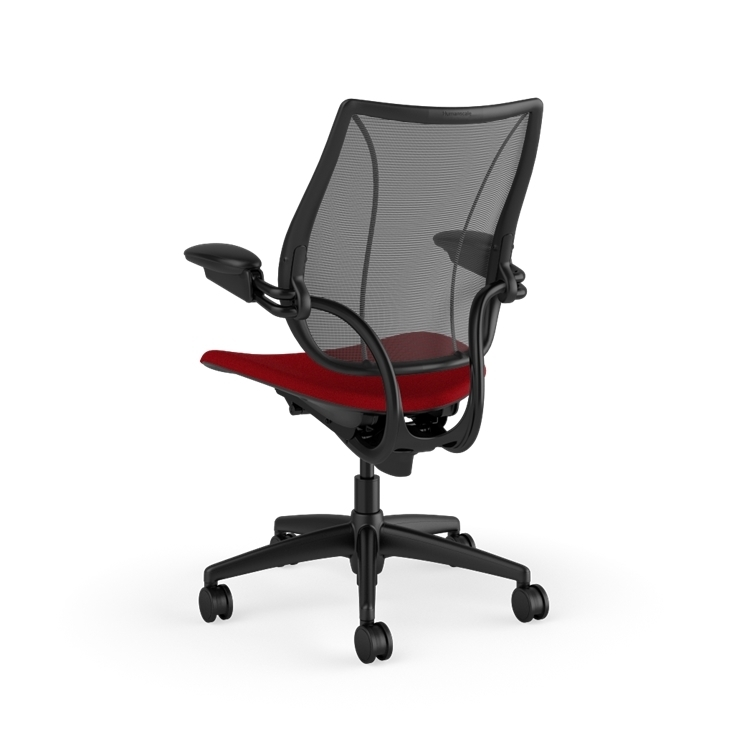 Back view of Humanscale Liberty desk chair showing breathable mesh back and Adjustable Duron armrests. Parma Red Fabric, Black Frame, Black Mesh. Kansas City Office Furniture