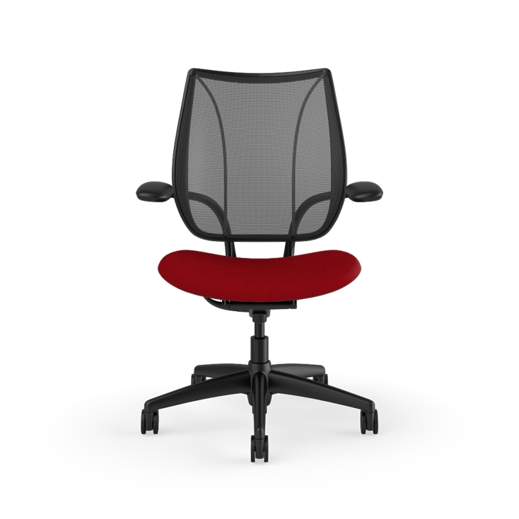 Front view of Humanscale Liberty desk chair showing breathable mesh back and Duron armrests. Parma Red Fabric, Black Frame, Black Mesh. Kansas City Office Furniture