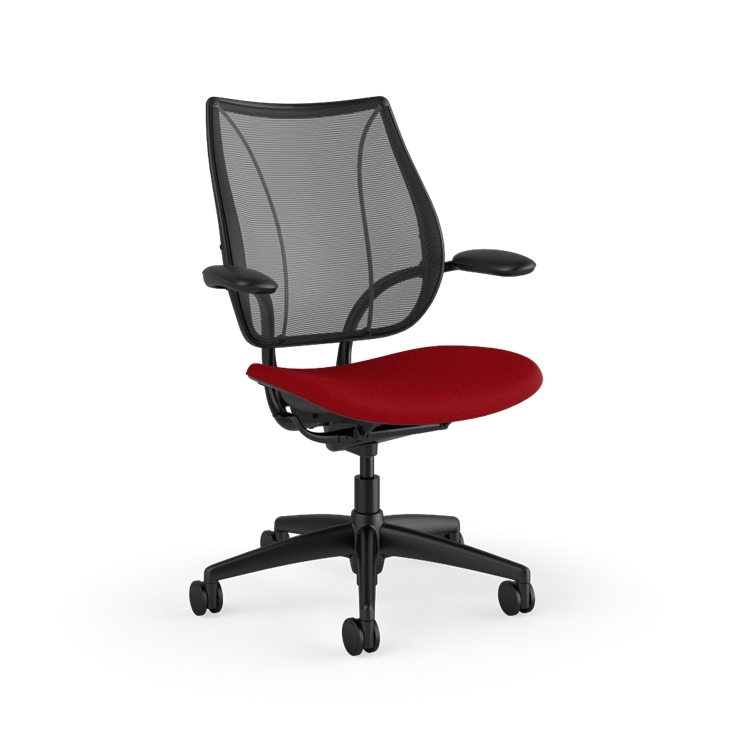 Side view of Humanscale Liberty desk chair showing breathable mesh back and Duron armrests. Parma Red Fabric, Black Frame, Black Mesh. Kansas City Office Furniture