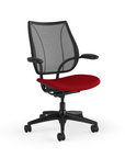 Side view of Humanscale Liberty desk chair showing breathable mesh back and Duron armrests. Parma Red Fabric, Black Frame, Black Mesh. Kansas City Office Furniture