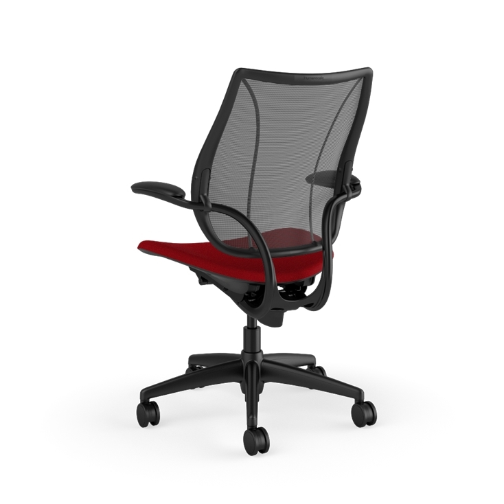 Back view of Humanscale Liberty desk chair showing breathable mesh back and Duron armrests. Parma Red Fabric, Black Frame, Black Mesh. Kansas City Office Furniture