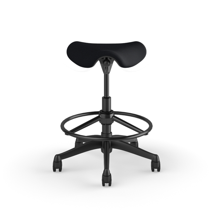 Front view of a Humanscale Pony Stool with 20&quot; foot ring, black fabric saddle seat and graphite frame. Kansas City Office Design.
