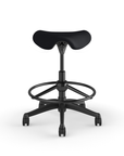 Front view of a Humanscale Pony Stool with 20" foot ring, black fabric saddle seat and graphite frame. Kansas City Office Design.