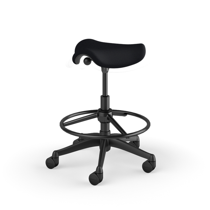 Back view of a Humanscale Pony Stool with 20&quot; foot ring, black fabric saddle seat and graphite frame. Kansas City Office Design.