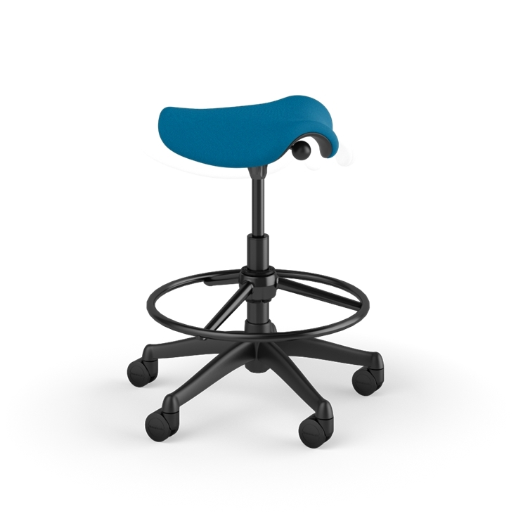 Side view of a Humanscale Pony Stool with 20&quot; foot ring, peacock blue fabric saddle seat and graphite frame. Kansas City Office Design.