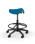 Side view of a Humanscale Pony Stool with 20" foot ring, peacock blue fabric saddle seat and graphite frame. Kansas City Office Design.