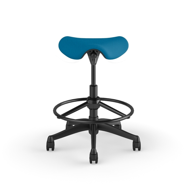 Front view of a Humanscale Pony Stool with 20&quot; foot ring, peacock blue fabric saddle seat and graphite frame. Kansas City Office Design.