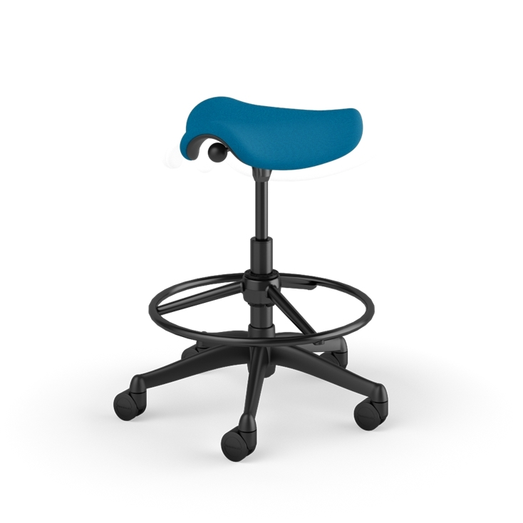 Back view of a Humanscale Pony Stool with 20&quot; foot ring, peacock blue fabric saddle seat and graphite frame. Kansas City Office Design.