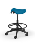 Back view of a Humanscale Pony Stool with 20" foot ring, peacock blue fabric saddle seat and graphite frame. Kansas City Office Design.