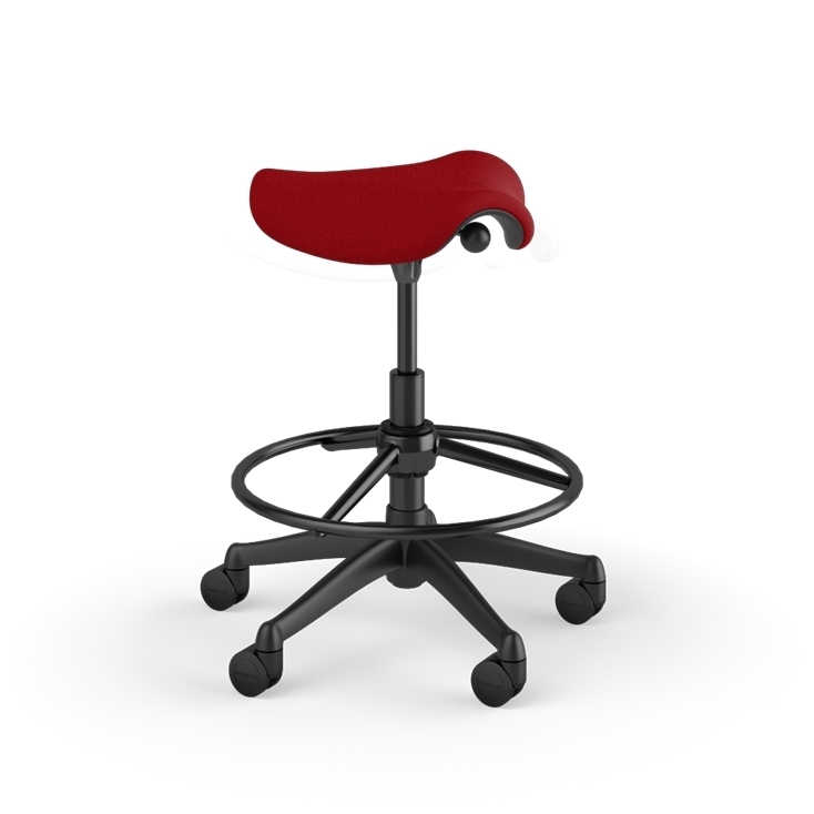 Side view of a Humanscale Pony Stool with 20&quot; foot ring, red fabric saddle seat and graphite frame. Kansas City Office Design.