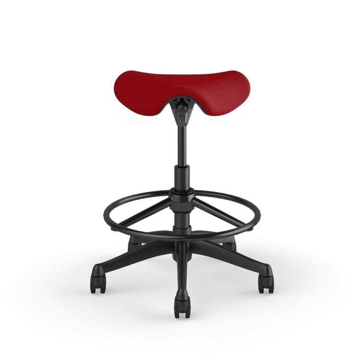 Front view of a Humanscale Pony Stool with 20&quot; foot ring, red fabric saddle seat and graphite frame. Kansas City Office Design.