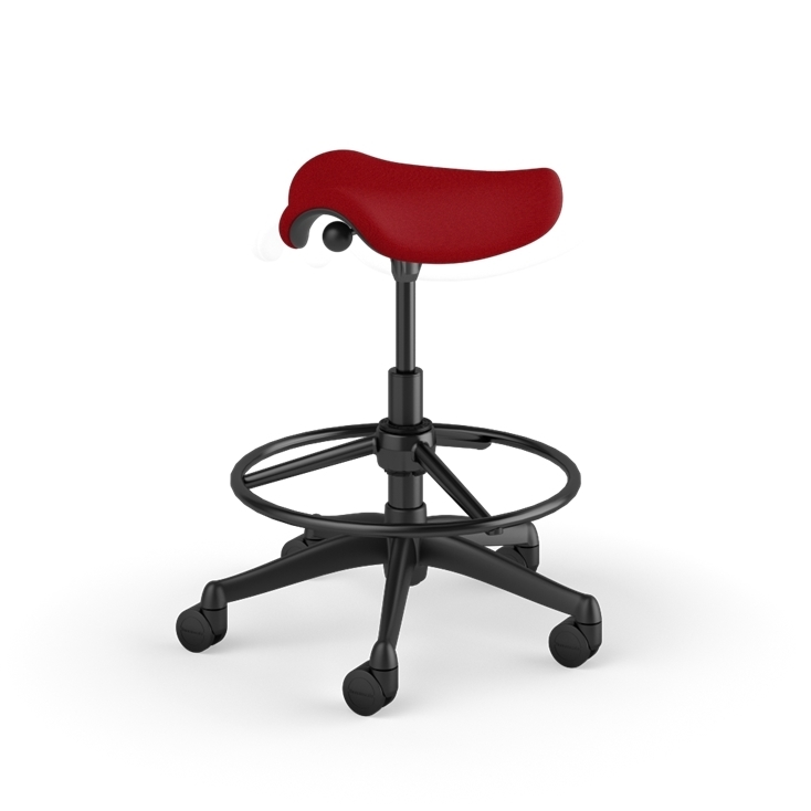 Back view of a Humanscale Pony Stool with 20&quot; foot ring, red fabric saddle seat and graphite frame. Kansas City Office Design.