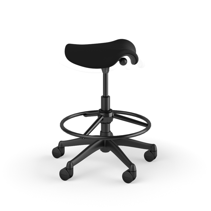 Side view of a Humanscale Pony Stool with 20&quot; foot ring, wipeable Lotus Black fabric saddle seat and graphite frame. Kansas City Office Design.